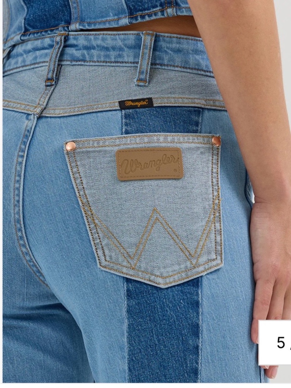 Wrangler x Lainey Wilson Patchwork Two-Tone Blue Flare Jeans - Picture 5 of 10